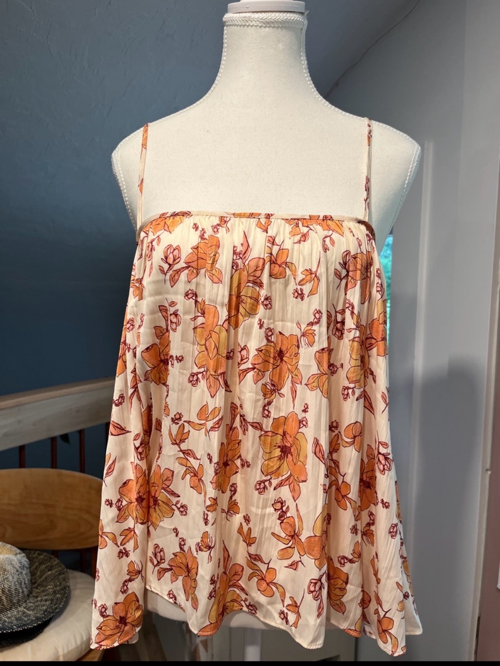 Free People White Floral Spaghetti-Strap Cami with Orange Print